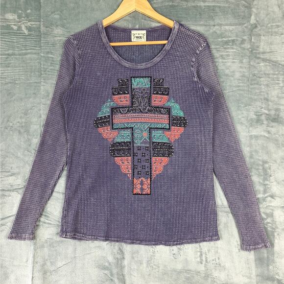Womens‎ Top 1XL Purple Vintage Y2K Waffle Thermal Geometric Cross Rhinestones - Picture 1 of 6